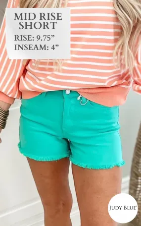 Aquamarine Mid-Rise Fray Hem Denim Shorts (REG/CURVY) | Judy Blue - Final Sale