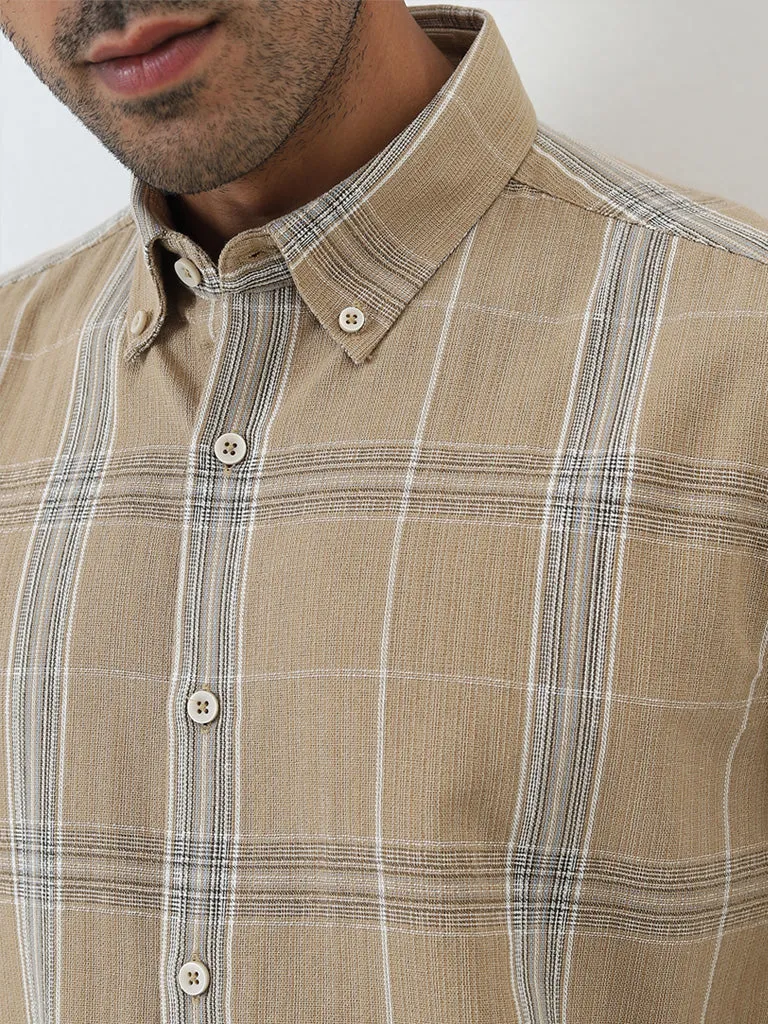 Ascot Beige Checkered Relaxed-Fit Cotton Blend Shirt