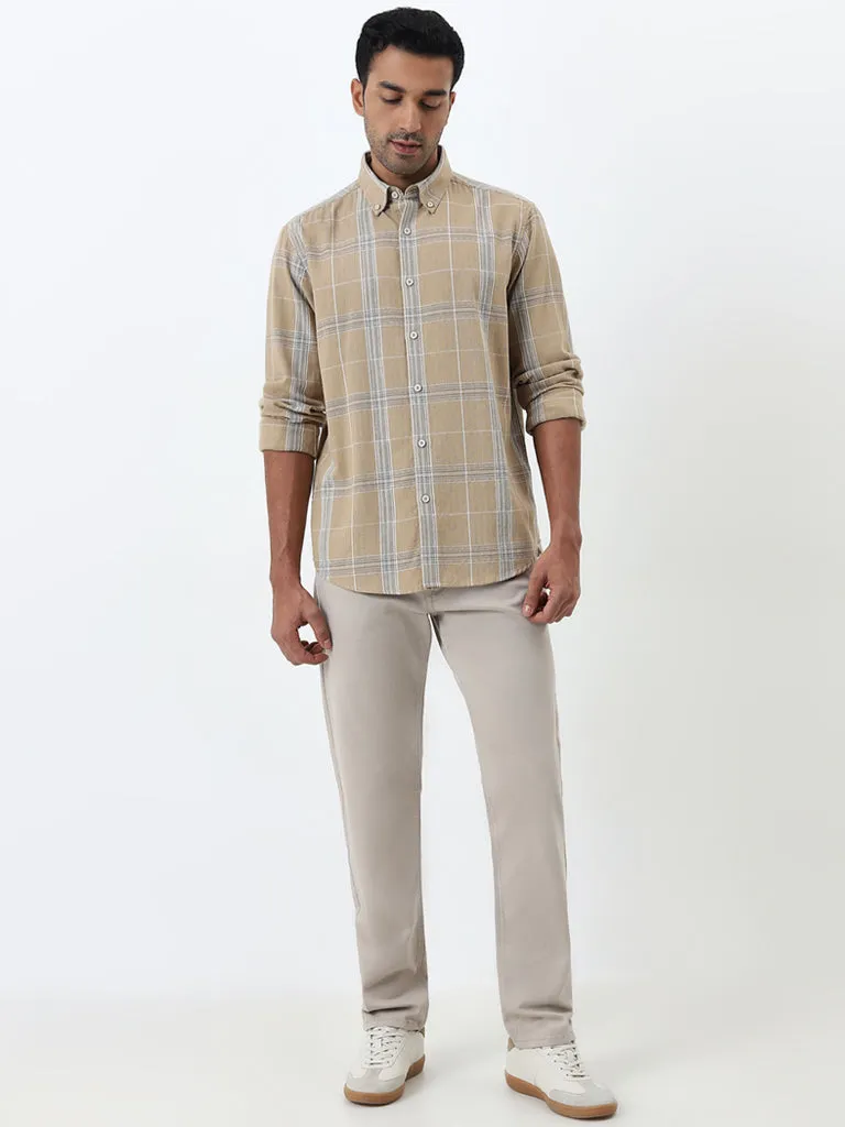 Ascot Beige Checkered Relaxed-Fit Cotton Blend Shirt