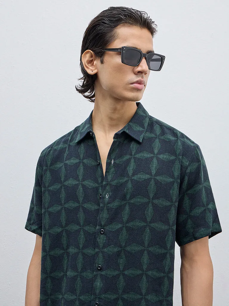 Ascot Dark Green Abstract Relaxed-Fit Blended Linen Shirt