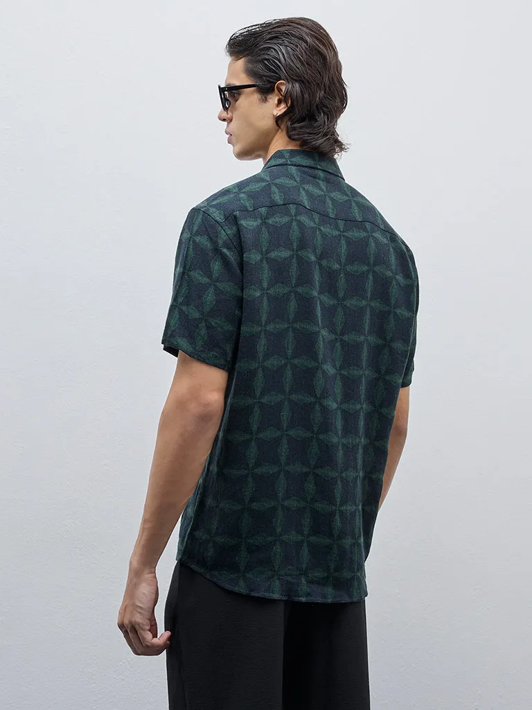 Ascot Dark Green Abstract Relaxed-Fit Blended Linen Shirt