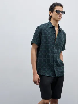 Ascot Dark Green Abstract Relaxed-Fit Blended Linen Shirt