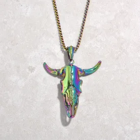 Aurora Borealis Large Bull Skull Steel Hearts Necklace