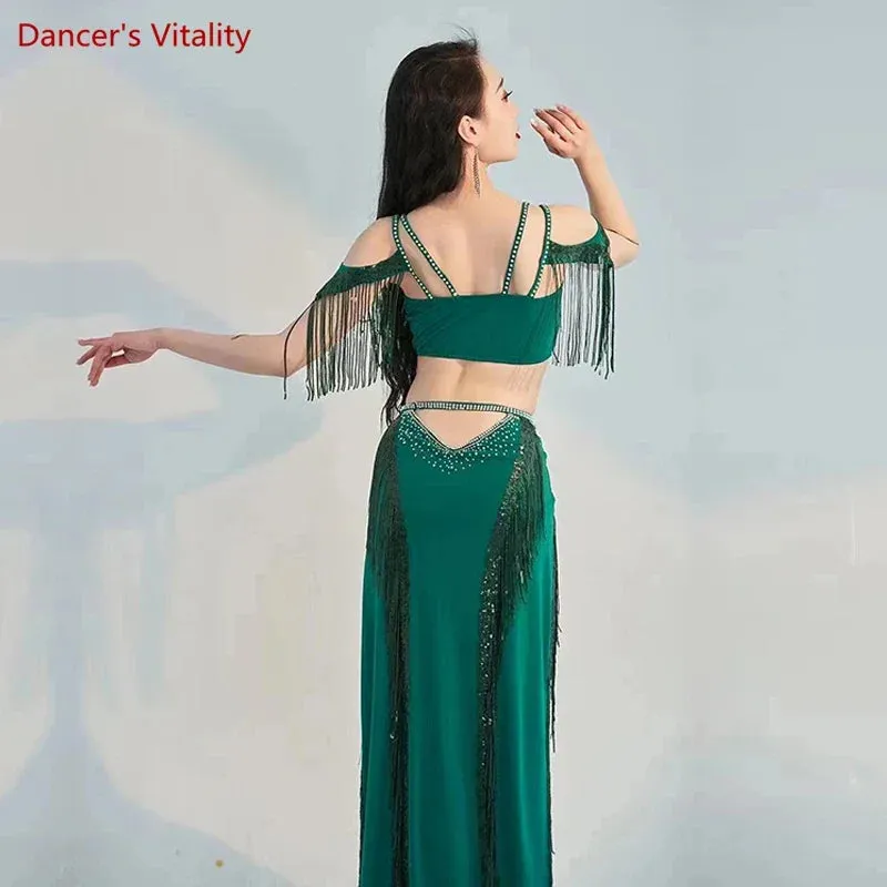 Belly Dance Professional Costumes Set Female Shining Performance Clothing Short Sleeves Top long Skirt 2pcs Oriental Dance Wear