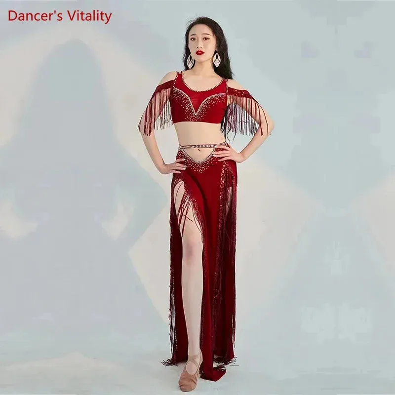 Belly Dance Professional Costumes Set Female Shining Performance Clothing Short Sleeves Top long Skirt 2pcs Oriental Dance Wear