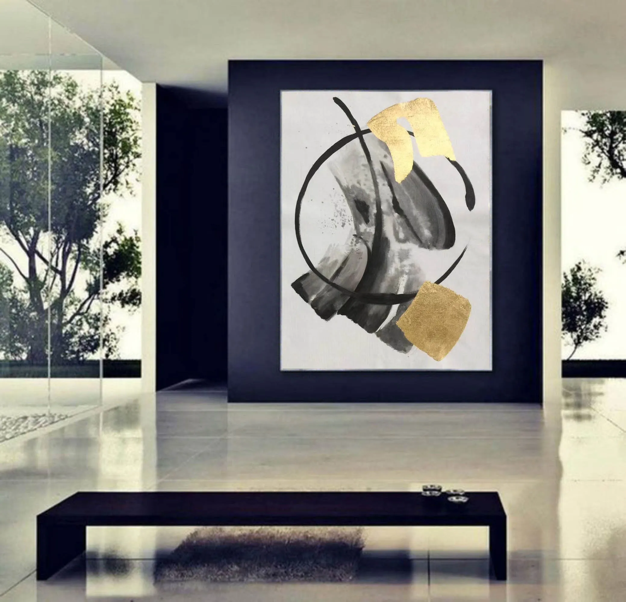 Black And White Abstract Painting Gold Leaf Wall Art Sp091