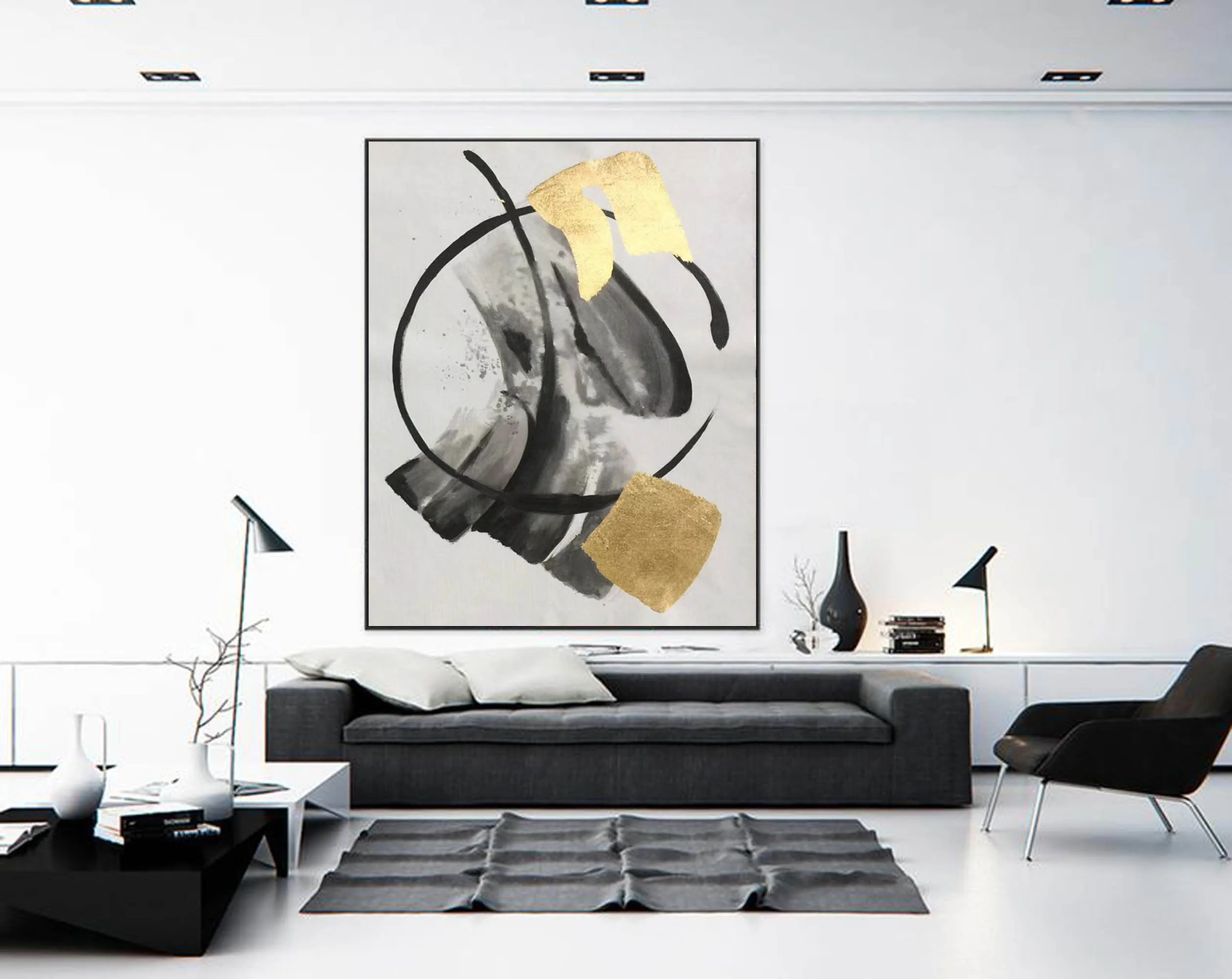 Black And White Abstract Painting Gold Leaf Wall Art Sp091