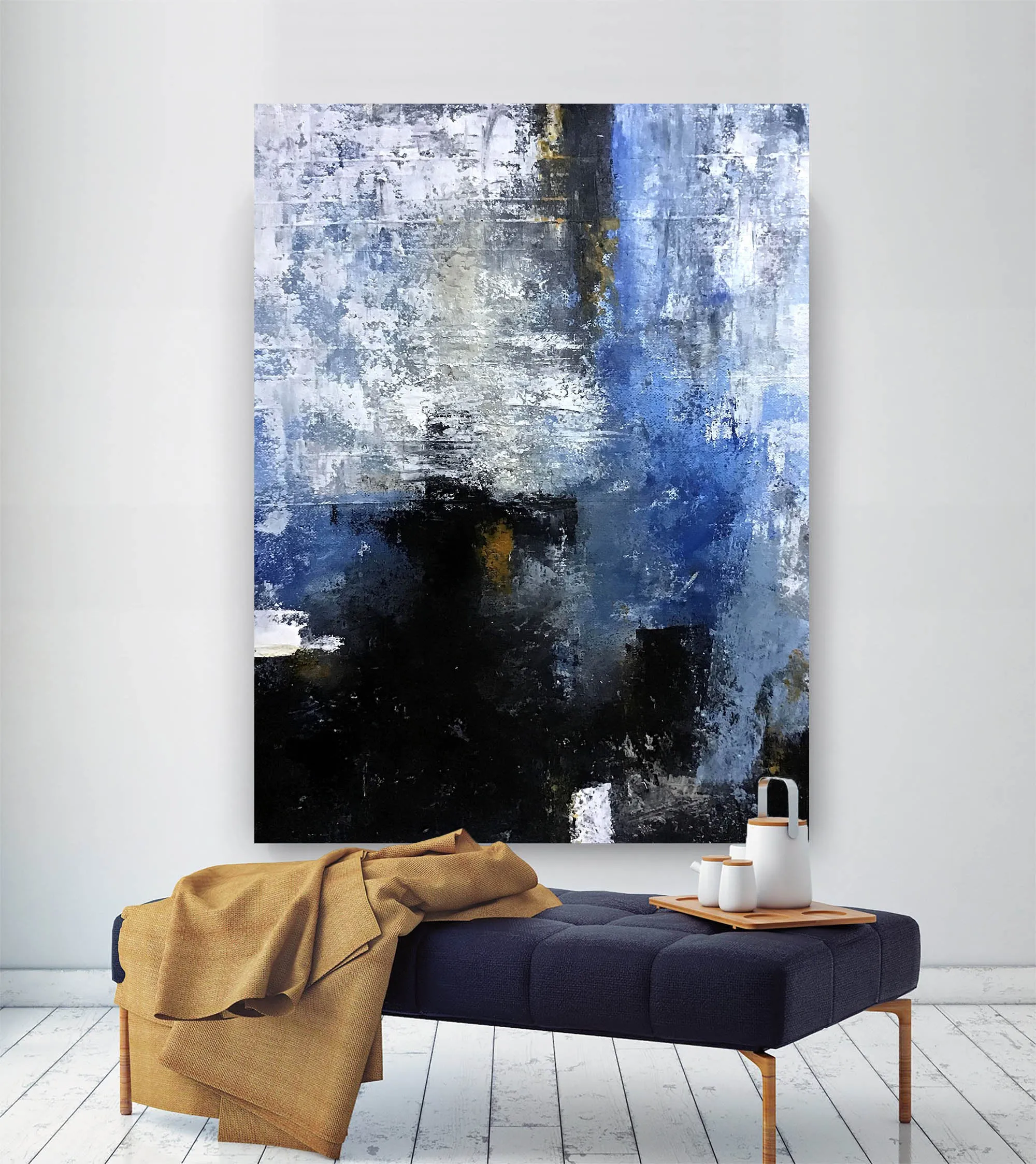 Black Blue Hand Painting Acrylic Abstract Painting Fp089