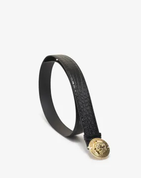 Black Mock Croc Leather Medusa Buckle Belt