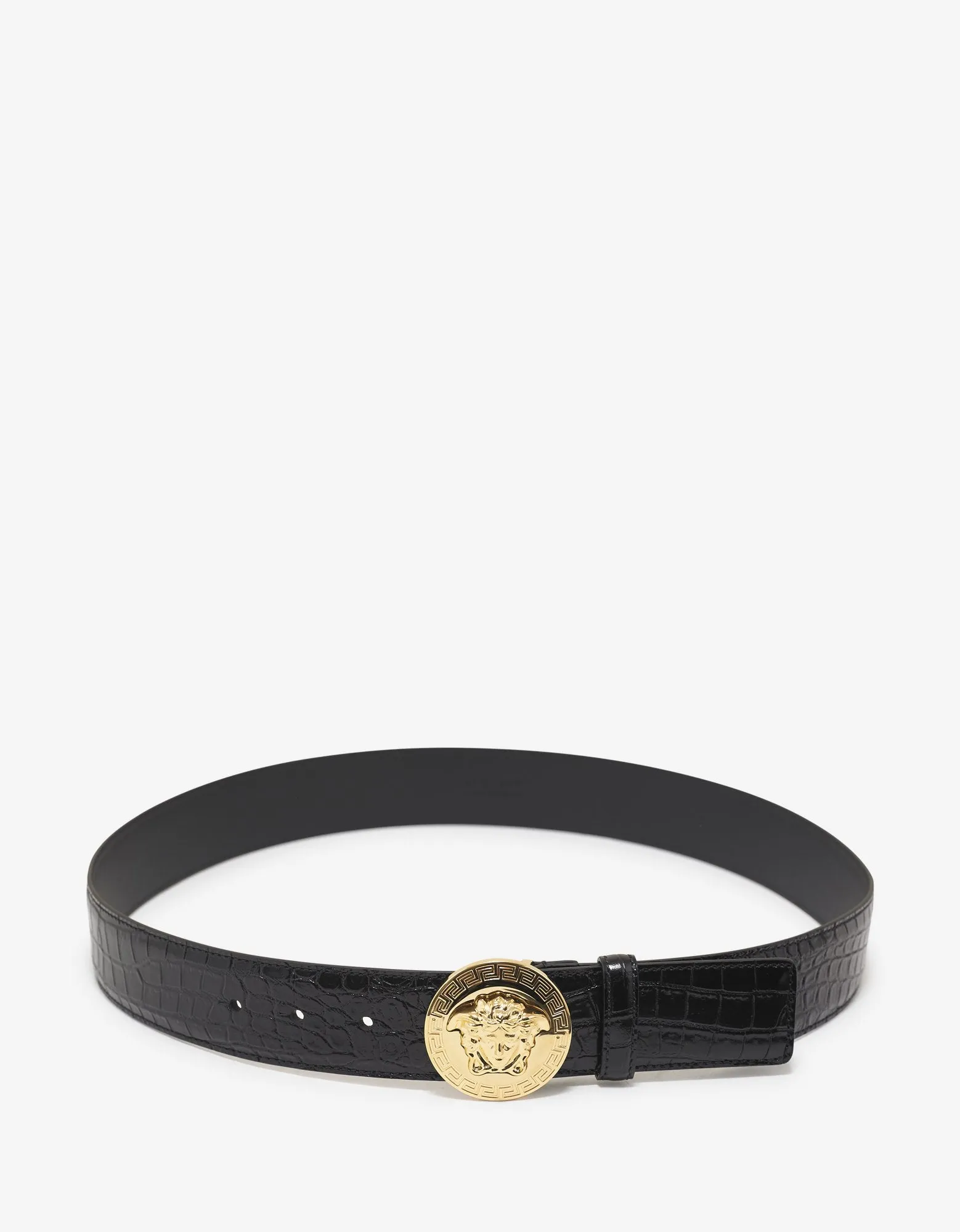 Black Mock Croc Leather Medusa Buckle Belt