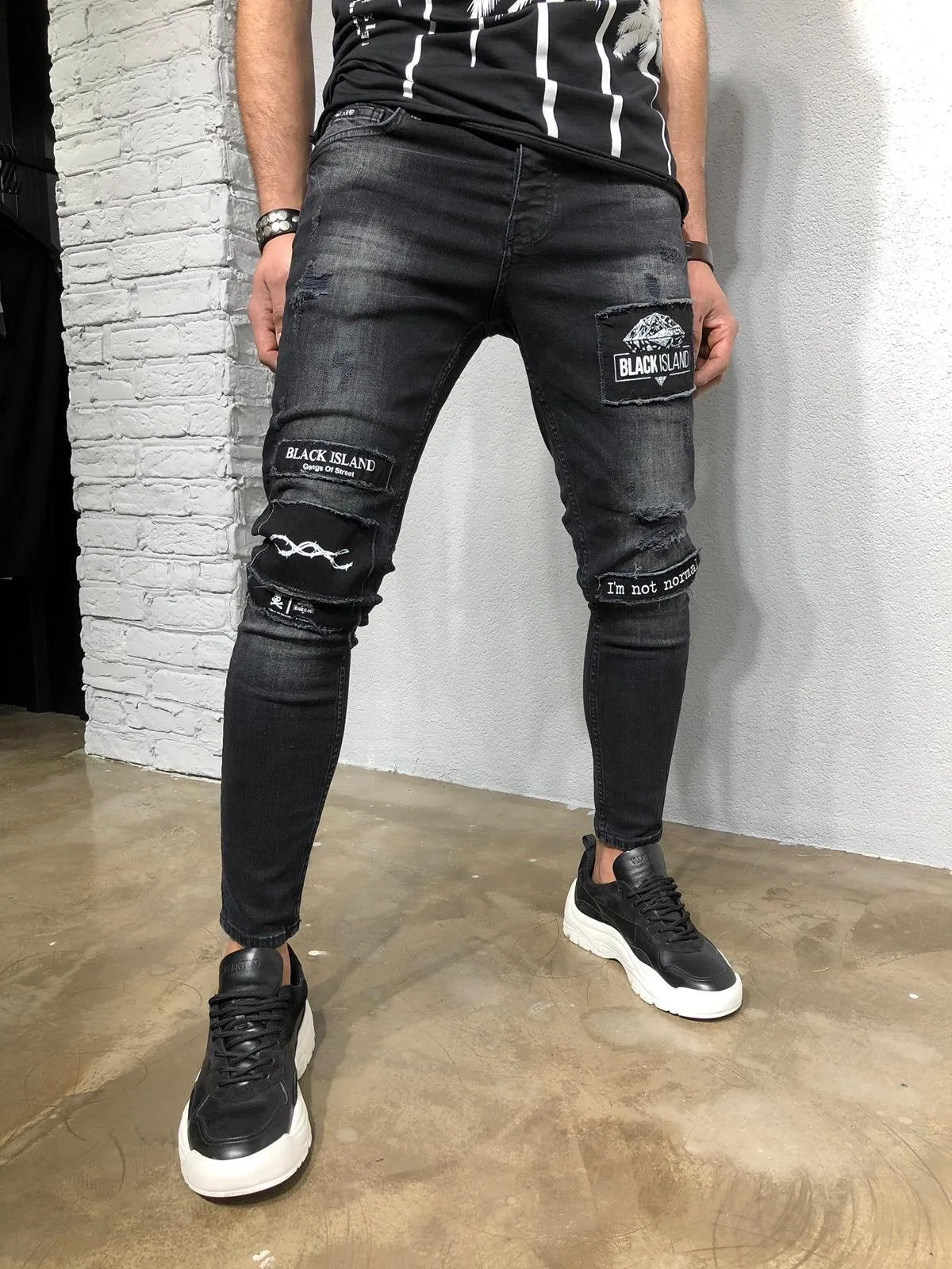 Black Patched Denim BL264 Streetwear Jeans