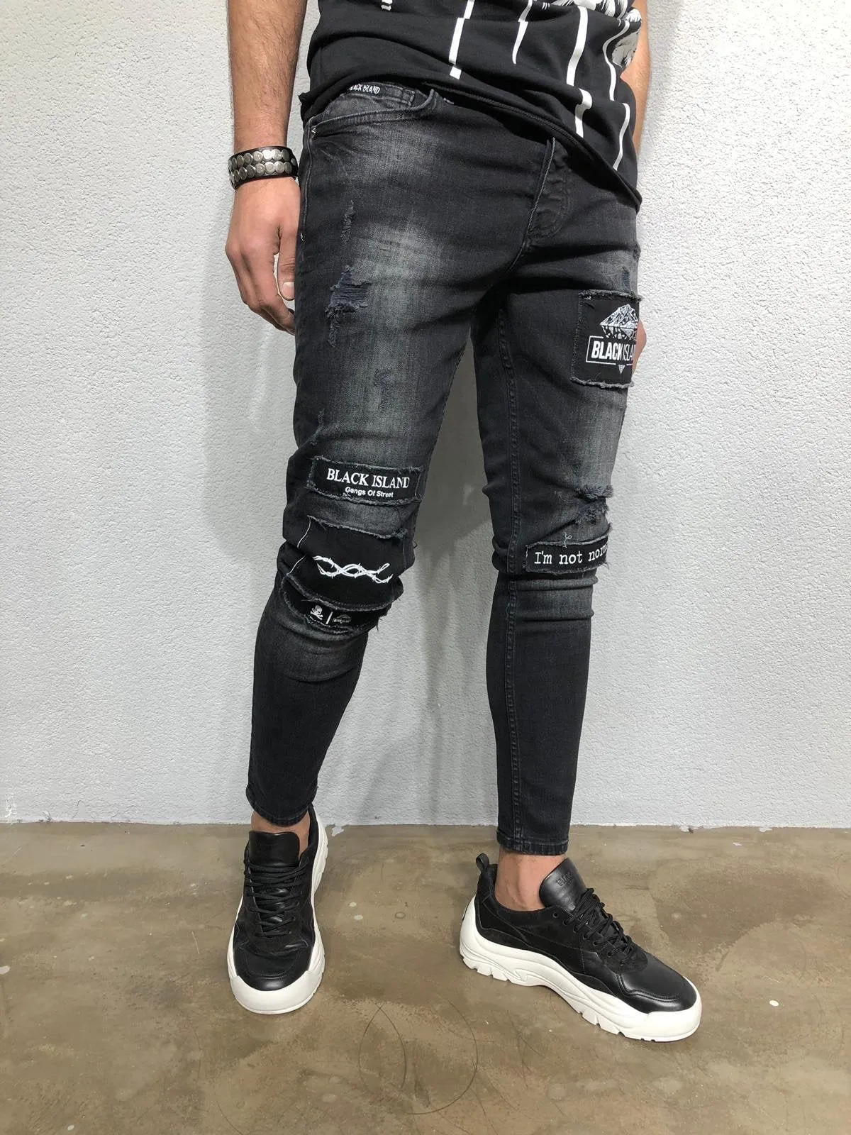 Black Patched Denim BL264 Streetwear Jeans