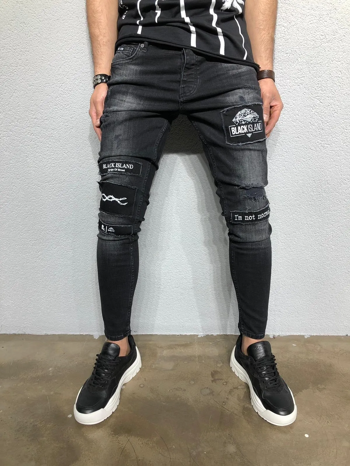 Black Patched Denim BL264 Streetwear Jeans