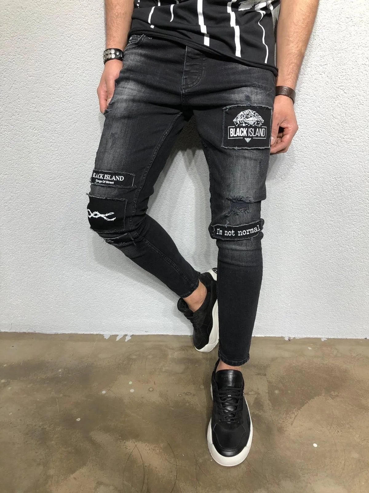 Black Patched Denim BL264 Streetwear Jeans