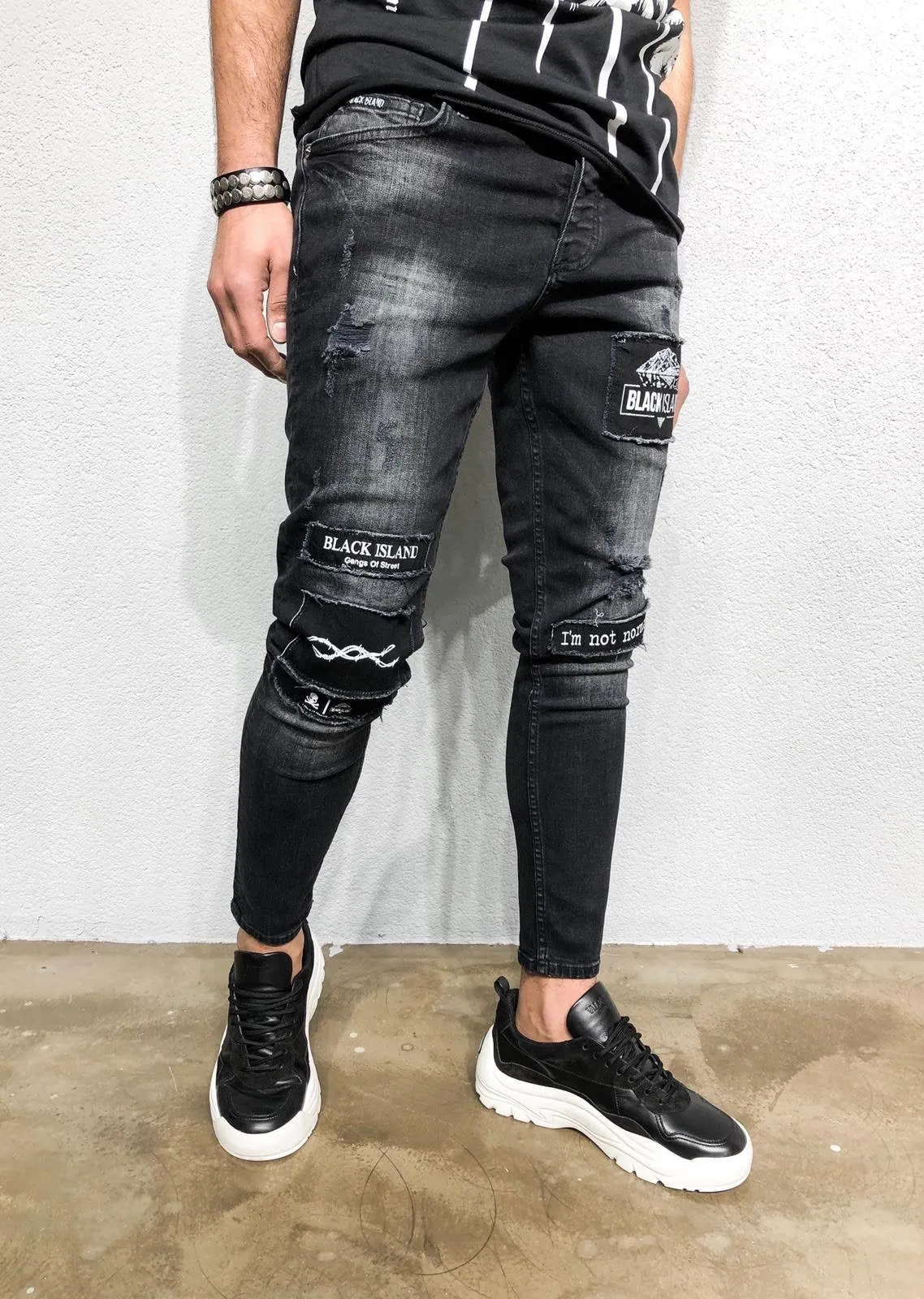 Black Patched Denim BL264 Streetwear Jeans