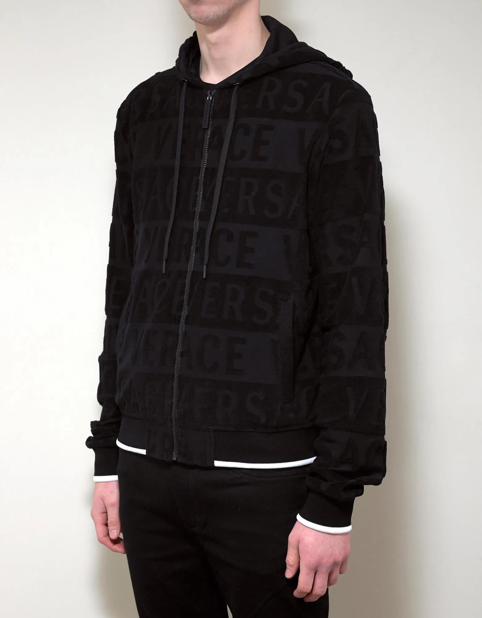 Black Towelling Logo Zip Hoodie -