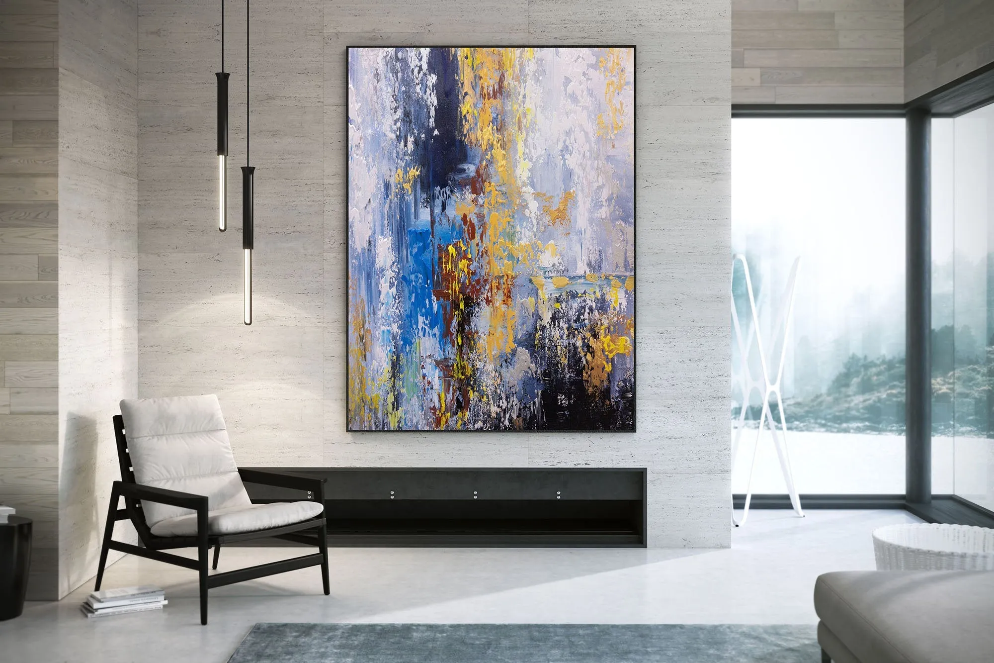 Blue Purple Yellow Abstract Painting on Canvas Sofa Size Wall Art Fp080