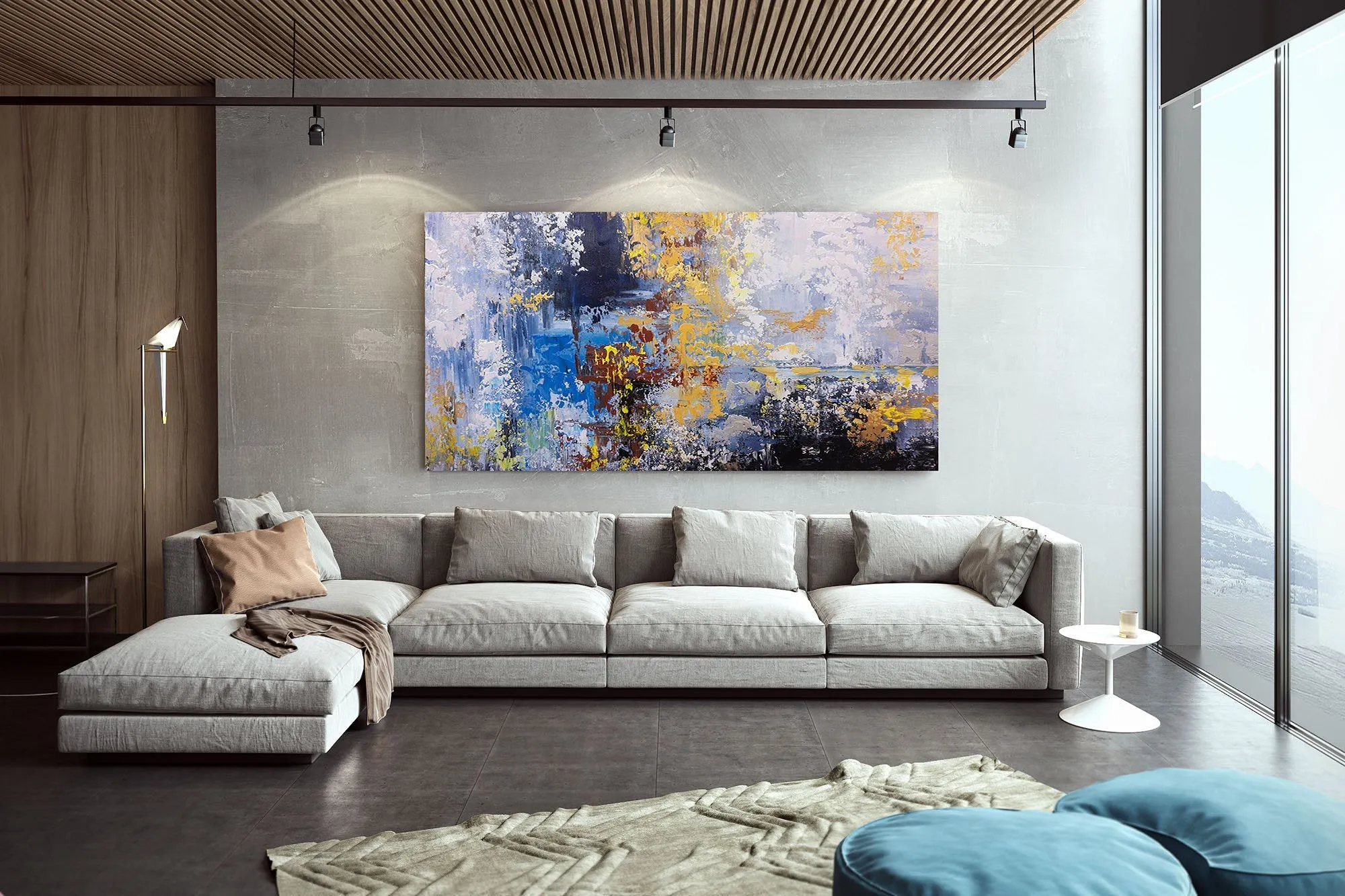 Blue Purple Yellow Abstract Painting on Canvas Sofa Size Wall Art Fp080