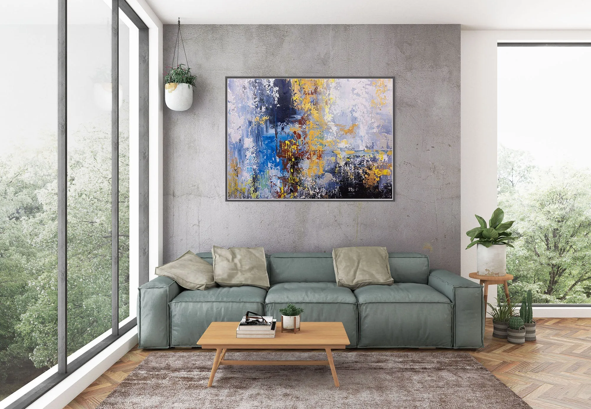 Blue Purple Yellow Abstract Painting on Canvas Sofa Size Wall Art Fp080