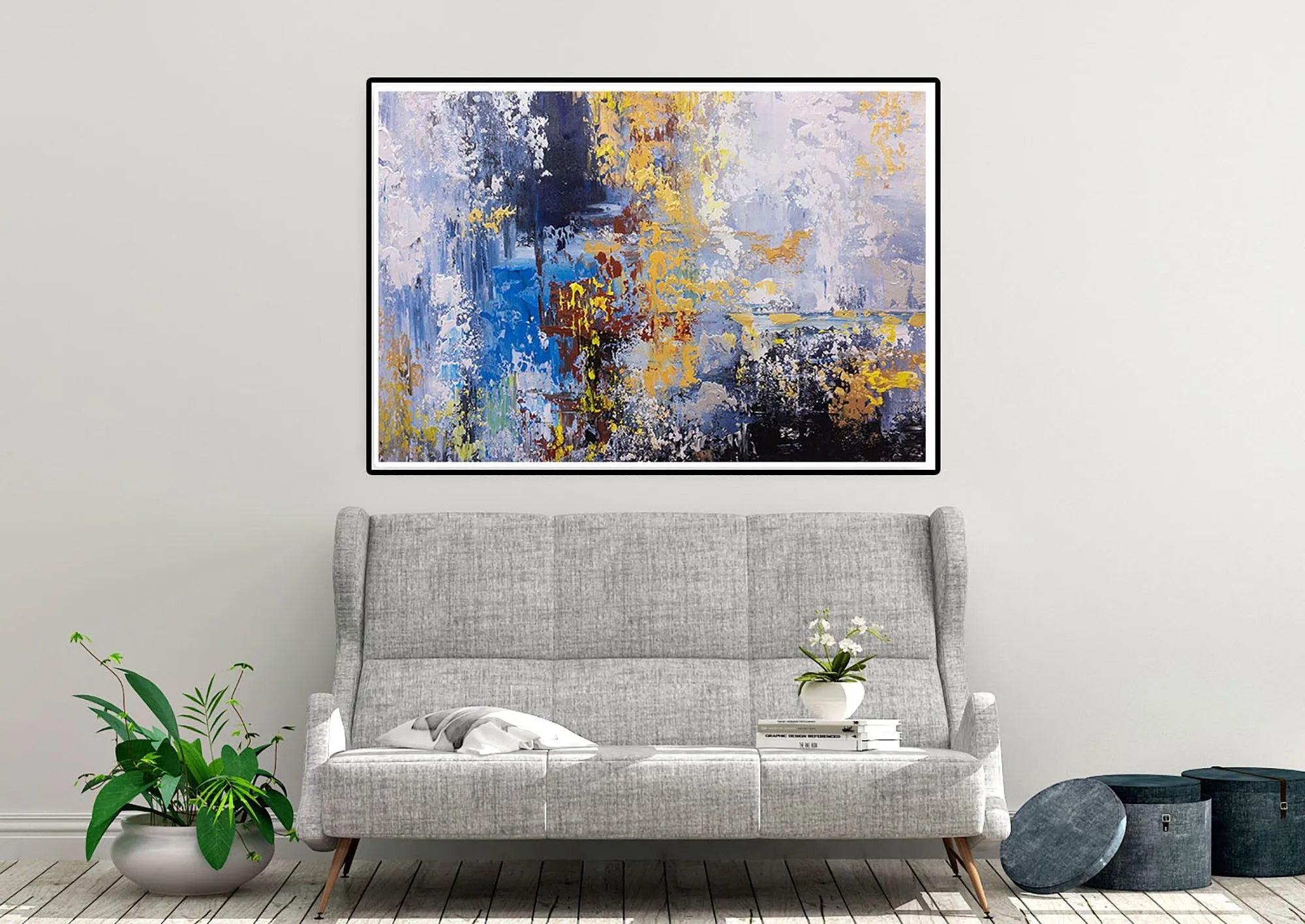 Blue Purple Yellow Abstract Painting on Canvas Sofa Size Wall Art Fp080