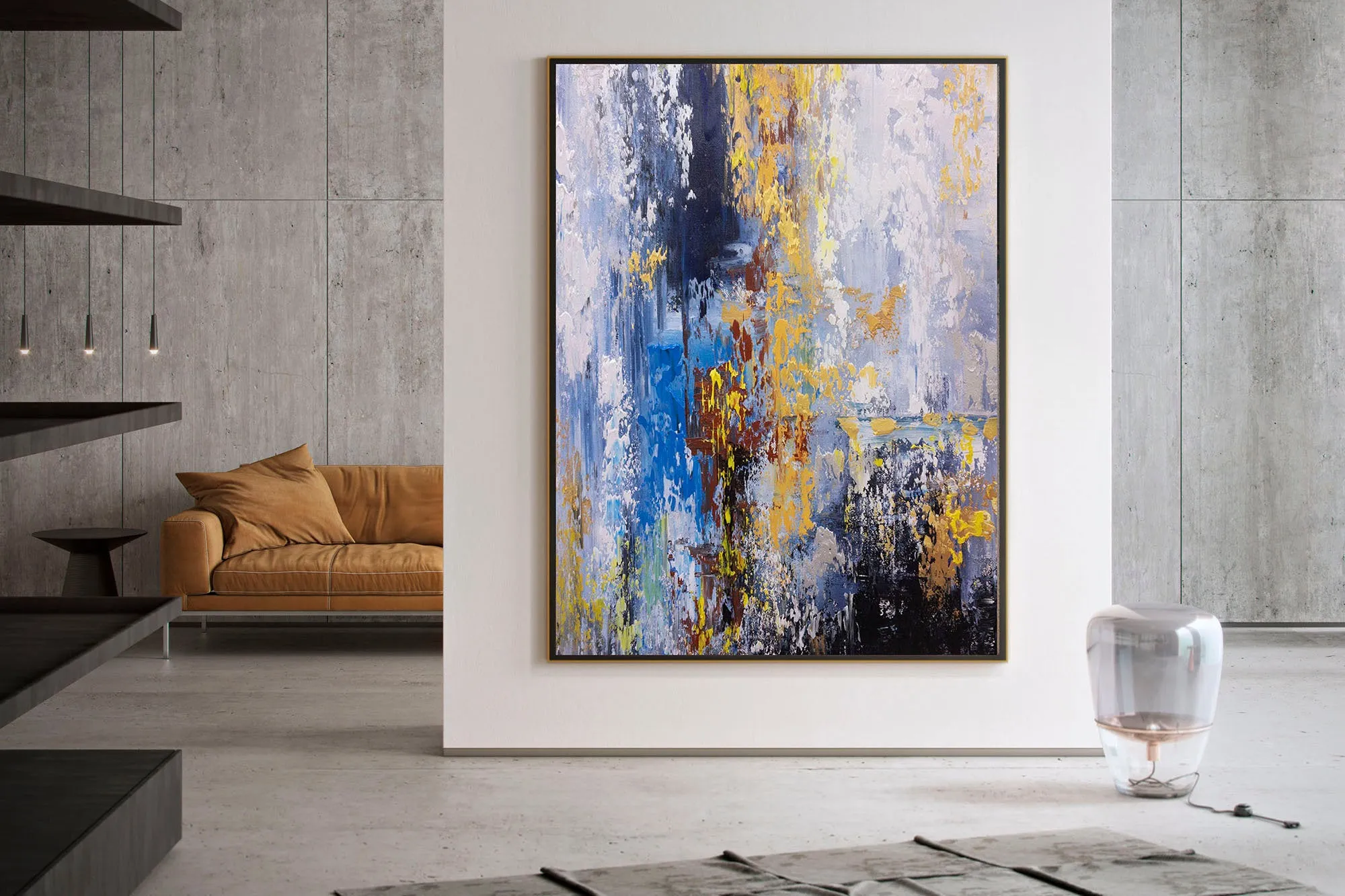 Blue Purple Yellow Abstract Painting on Canvas Sofa Size Wall Art Fp080