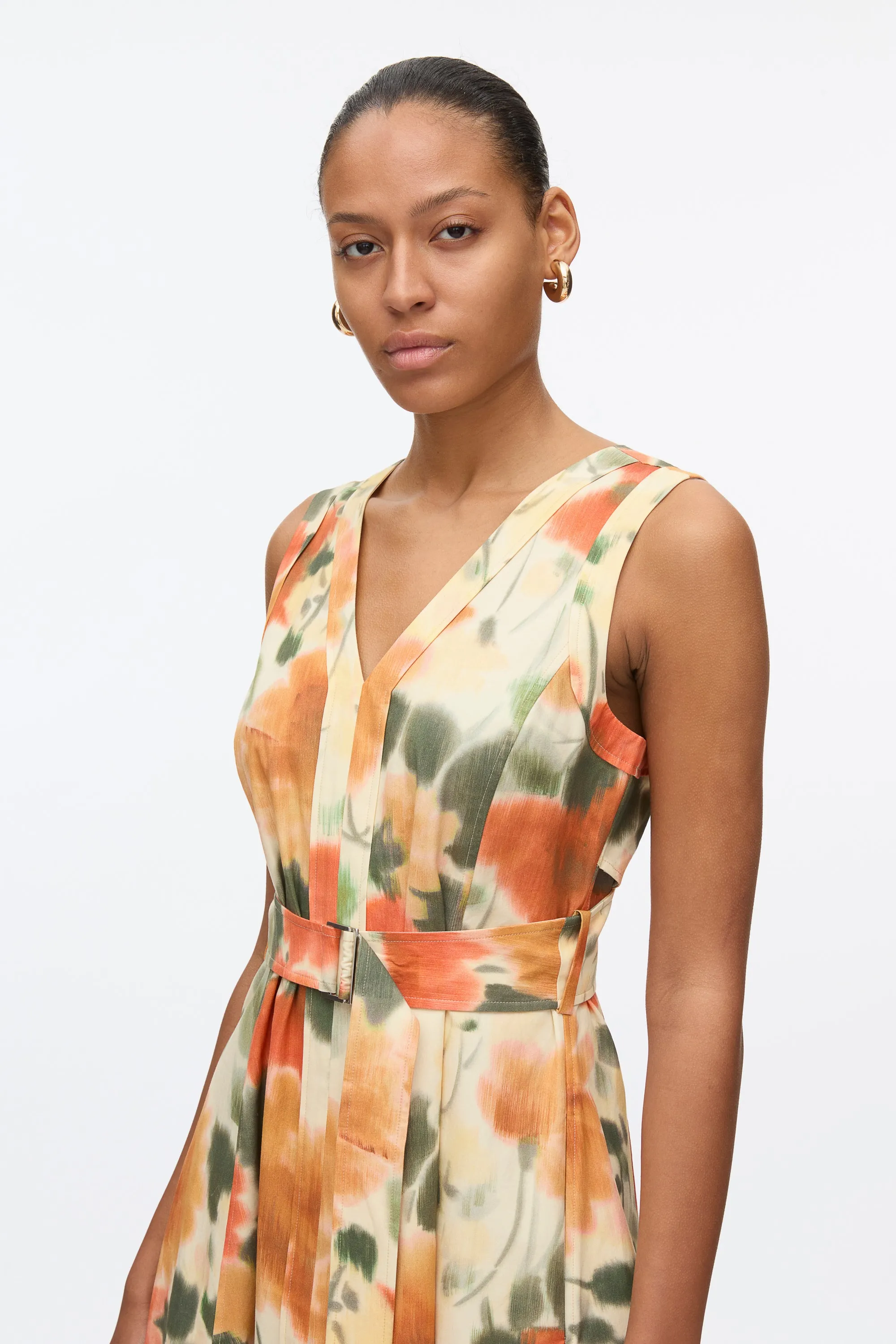 Blurred Marigold Belted Midi Dress