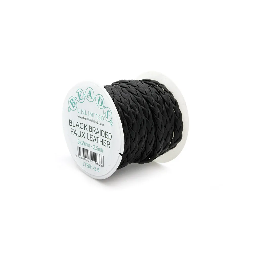 Braided Faux Leather Black 5x2mm - Reel of 2.5m