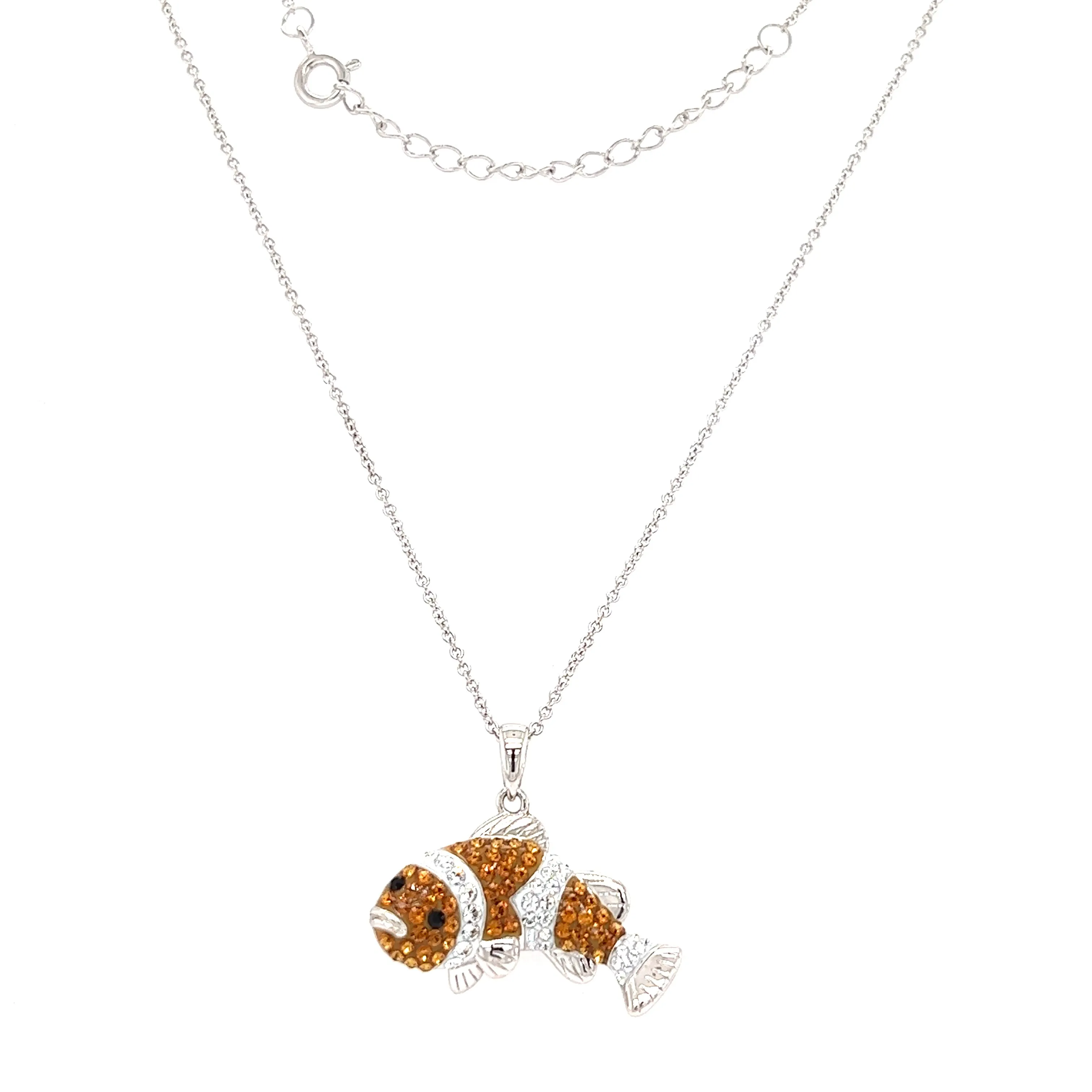 Clownfish Necklace with Orange and White Crystals in Sterling Silver