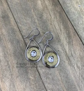 Custom Teardrop Bullet Earrings in your choice of Nickel or Brass(shown) bullet, 308(Shown), other calibers available, Swarovski Crystal