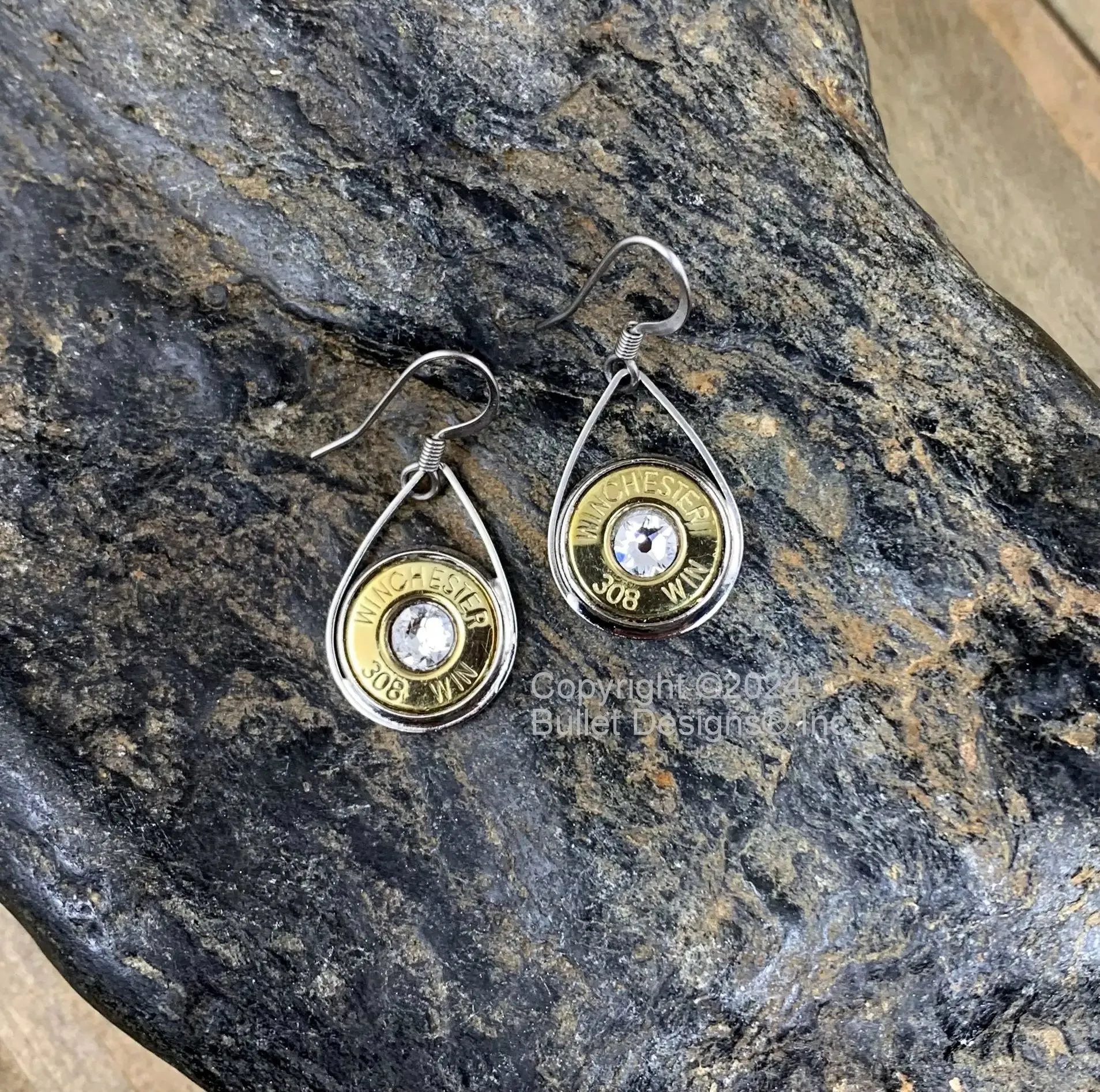 Custom Teardrop Bullet Earrings in your choice of Nickel or Brass(shown) bullet, 308(Shown), other calibers available, Swarovski Crystal