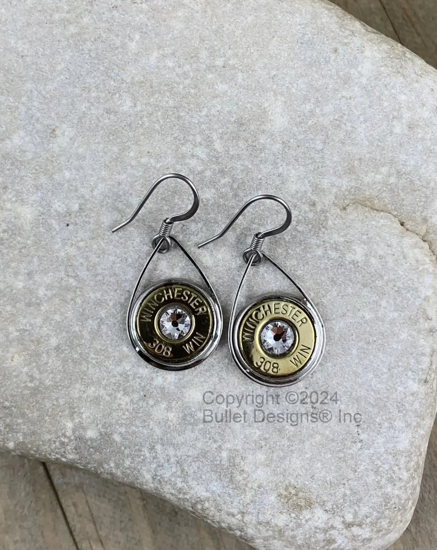 Custom Teardrop Bullet Earrings in your choice of Nickel or Brass(shown) bullet, 308(Shown), other calibers available, Swarovski Crystal