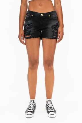 DESTROYED DENIM SHORTS WITH MULITCOLR CRYSTALS IN BLACK