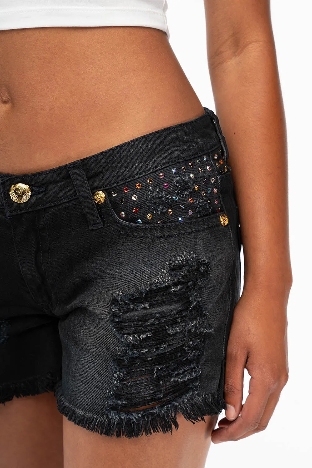 DESTROYED DENIM SHORTS WITH MULITCOLR CRYSTALS IN BLACK