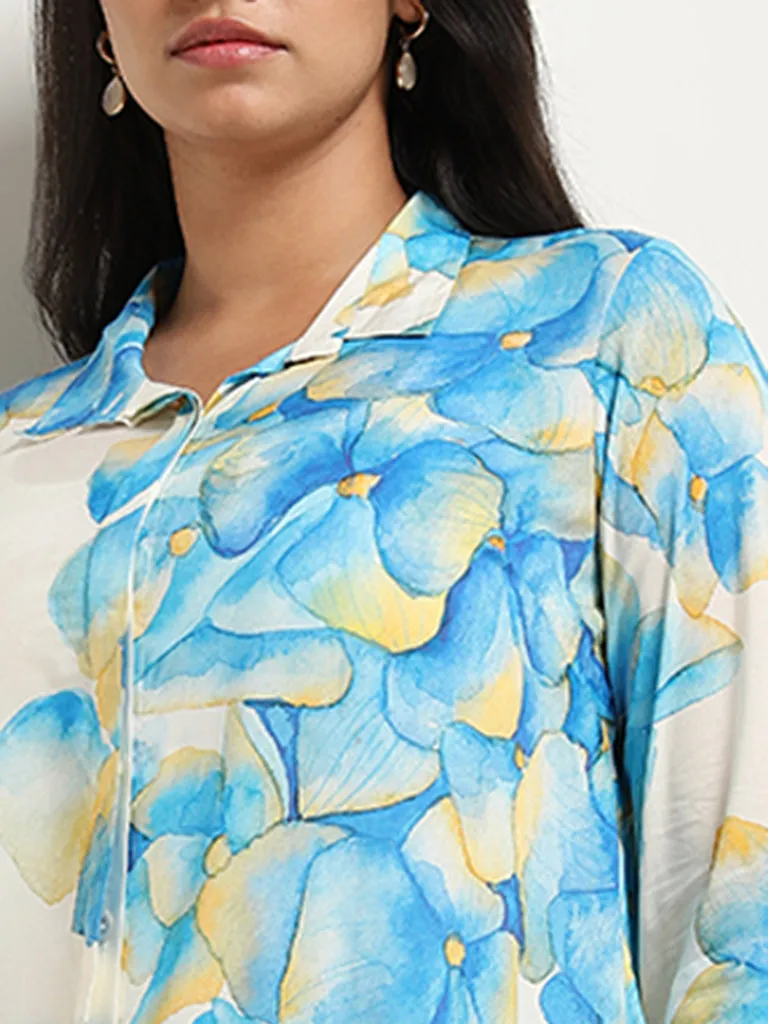 Diza Blue Floral Design High-Low Tunic