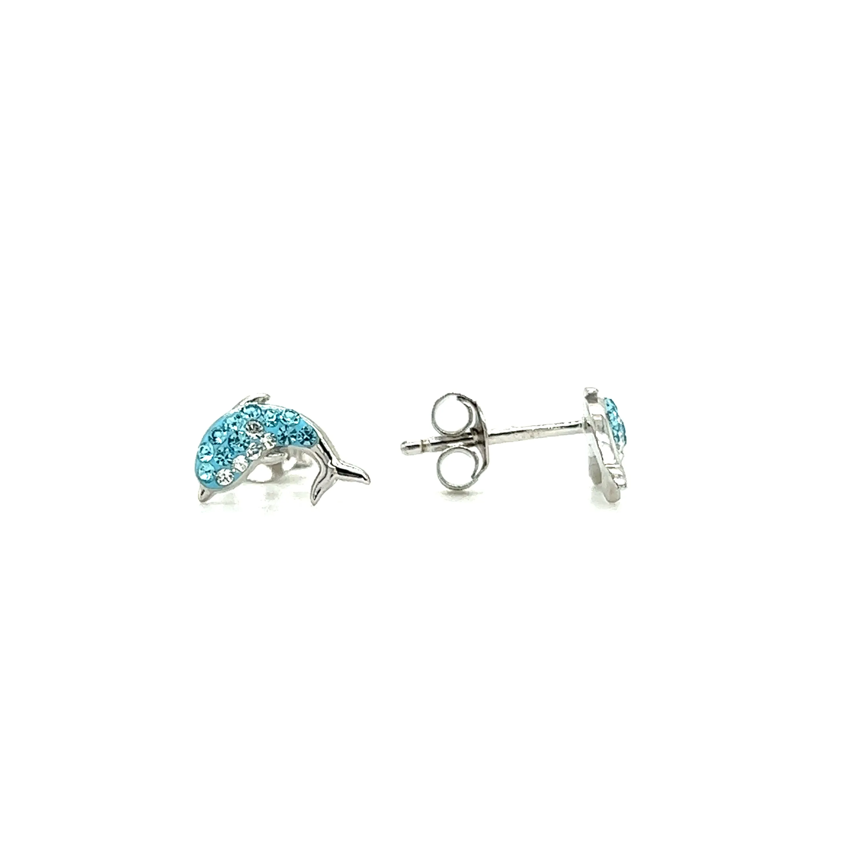 Dolphin Stud Earrings with Aqua and White Crystals in Sterling Silver