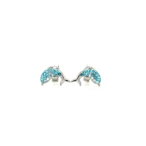 Dolphin Stud Earrings with Aqua and White Crystals in Sterling Silver