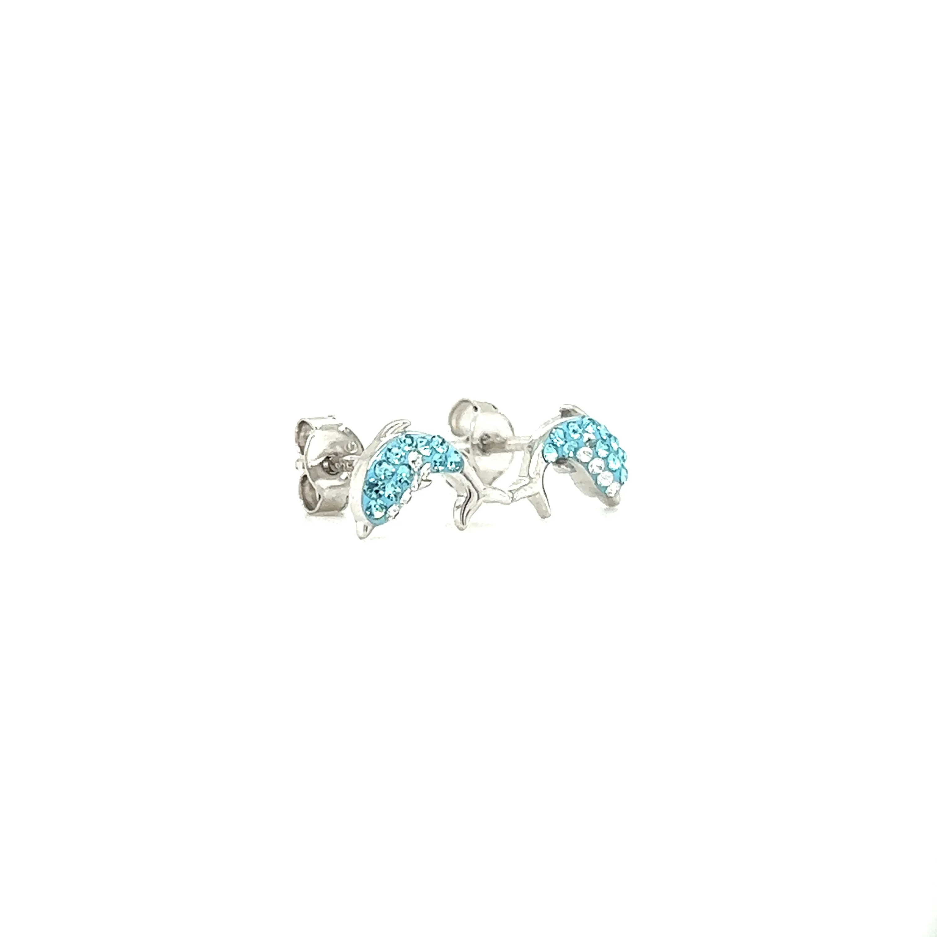 Dolphin Stud Earrings with Aqua and White Crystals in Sterling Silver