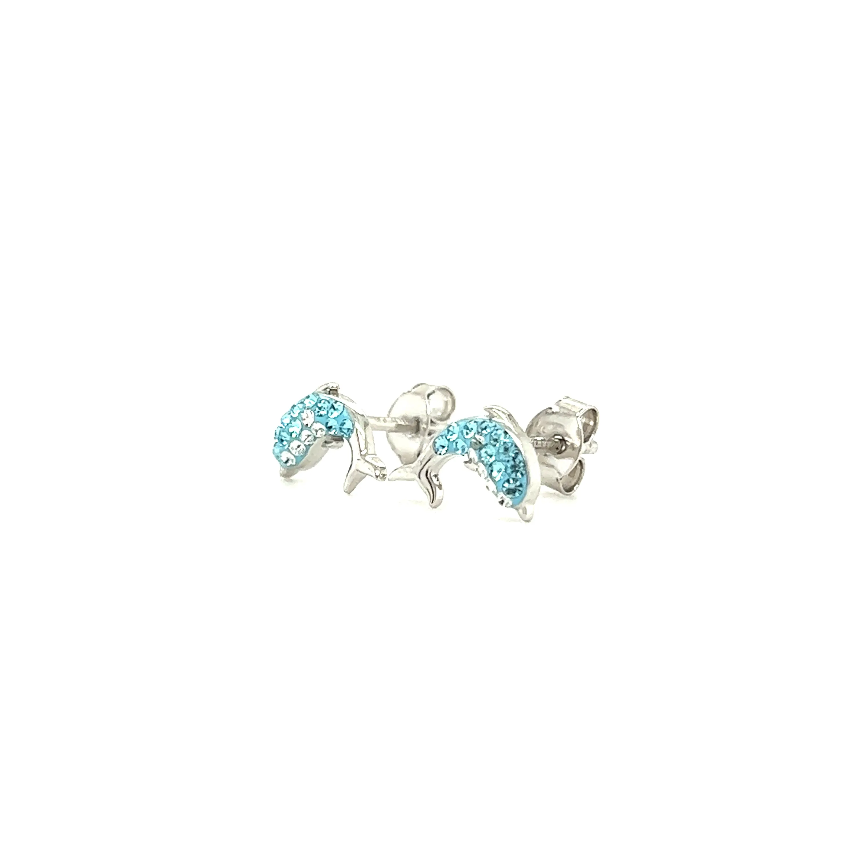 Dolphin Stud Earrings with Aqua and White Crystals in Sterling Silver