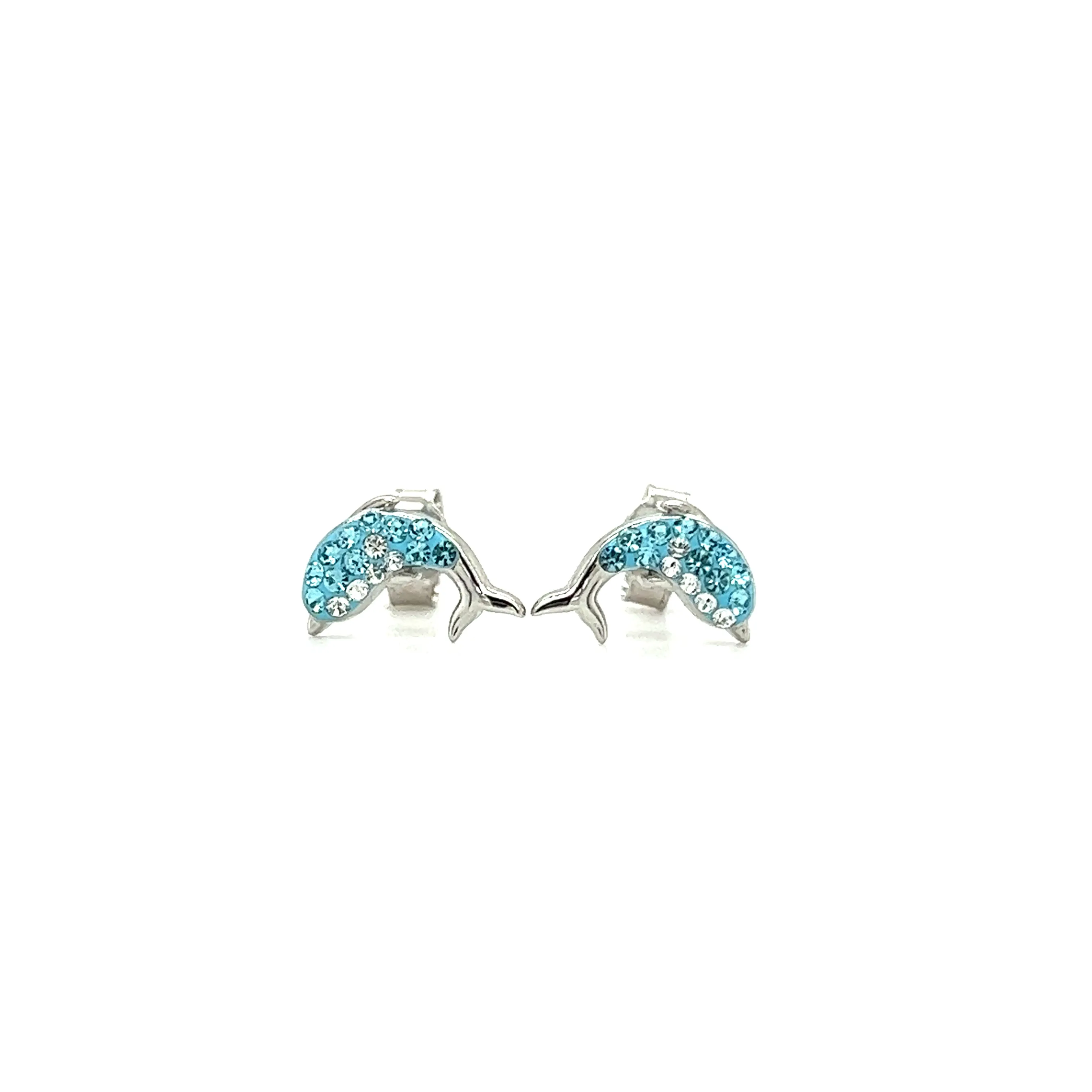 Dolphin Stud Earrings with Aqua and White Crystals in Sterling Silver