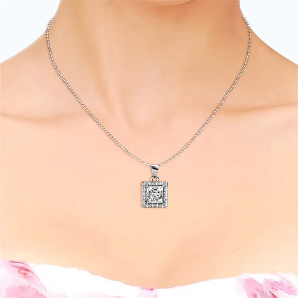 Ekatrina "Pure" 18k White Gold Plated Halo Pendant Necklace with Sparkling Square Cut Swarovski Crystal