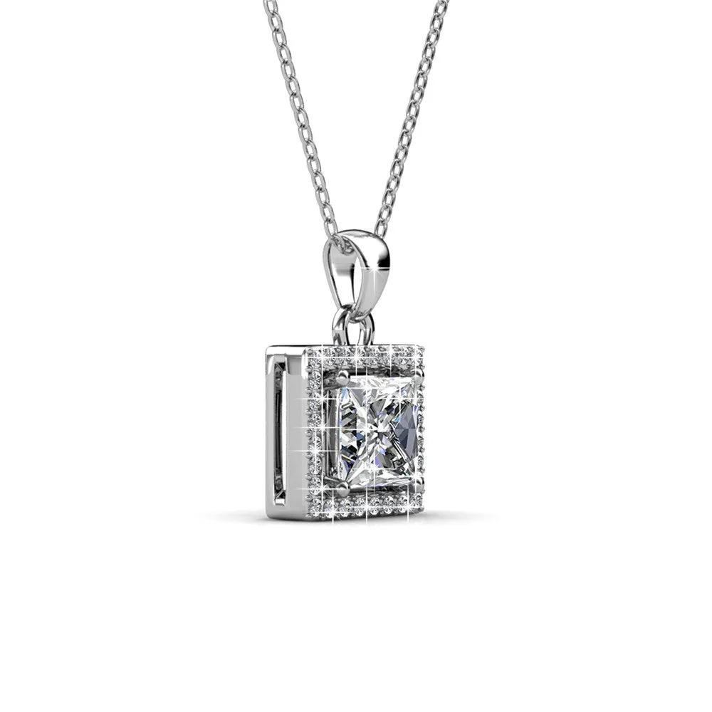 Ekatrina "Pure" 18k White Gold Plated Halo Pendant Necklace with Sparkling Square Cut Swarovski Crystal