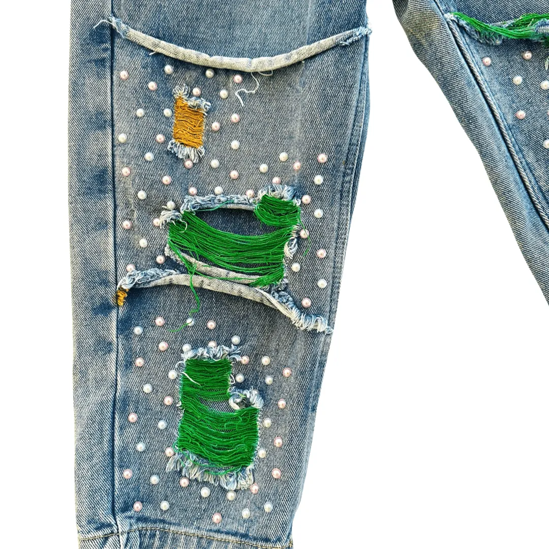 Flatbush Avenue Hand-dyed Pearl Embellished Denim Pants