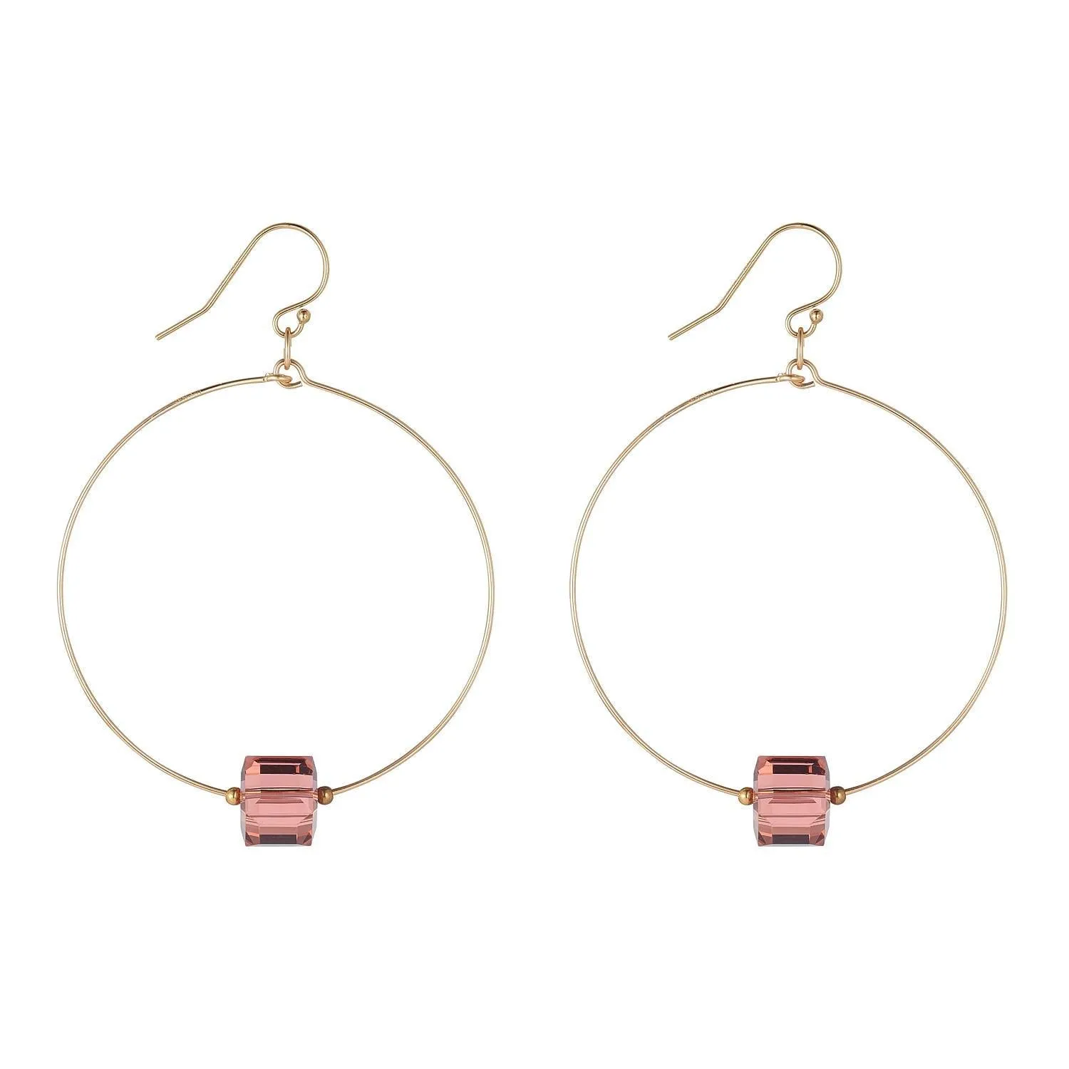 Gold Filled Pink Crystal Cube Large Hoop Earrings