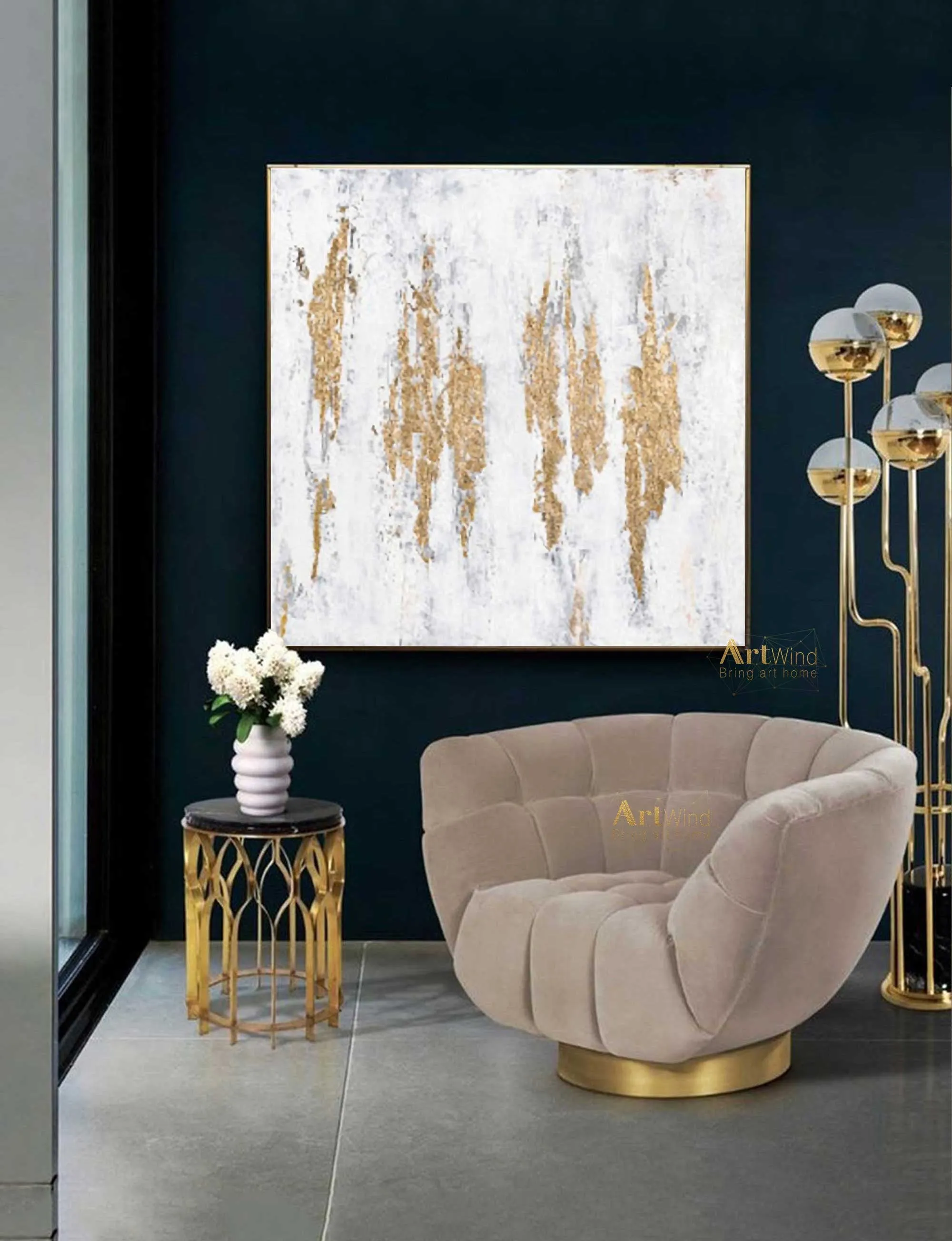 Gold Leaf Art Abstract Canvas Painting White And Gold Office Wall Art Dp049