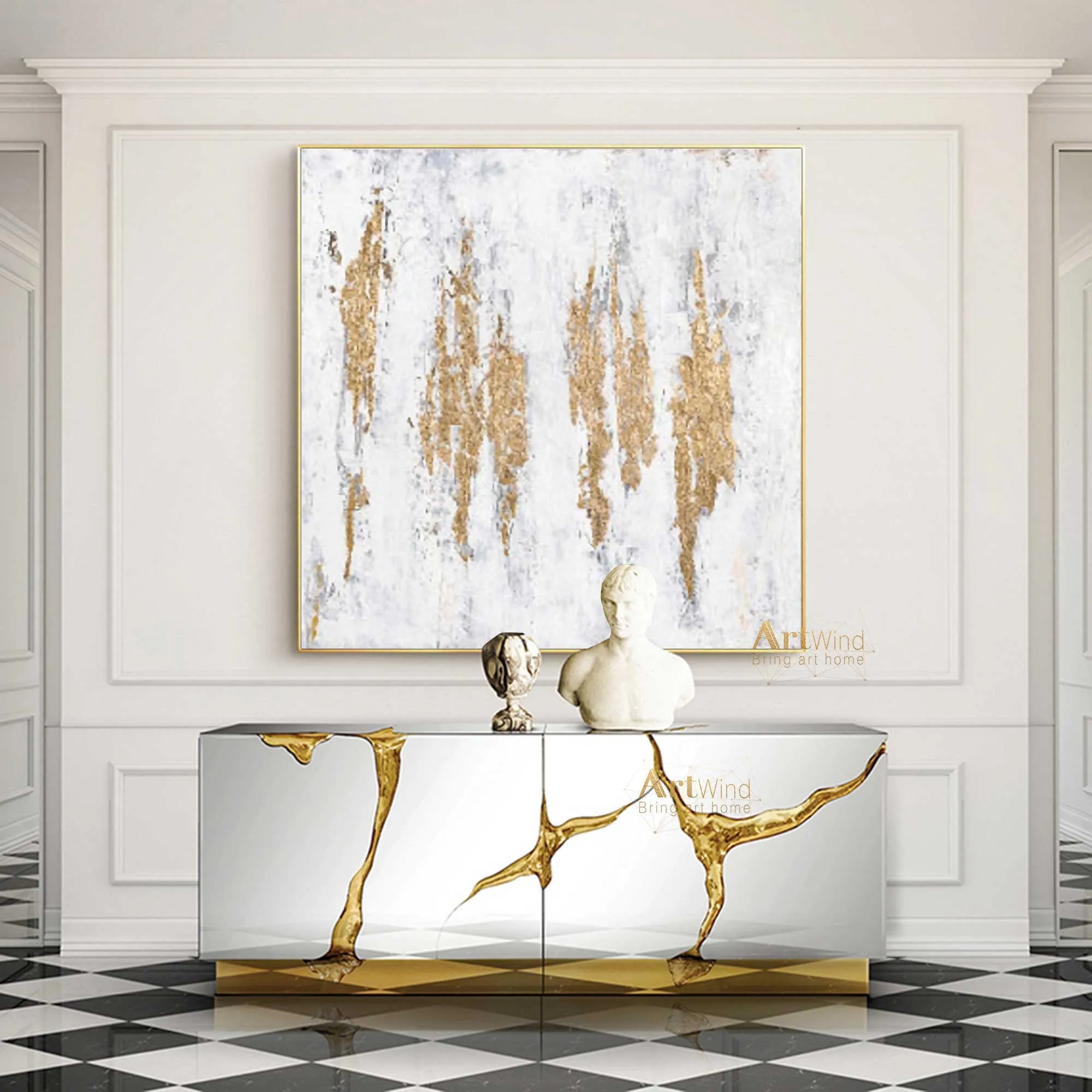 Gold Leaf Art Abstract Canvas Painting White And Gold Office Wall Art Dp049