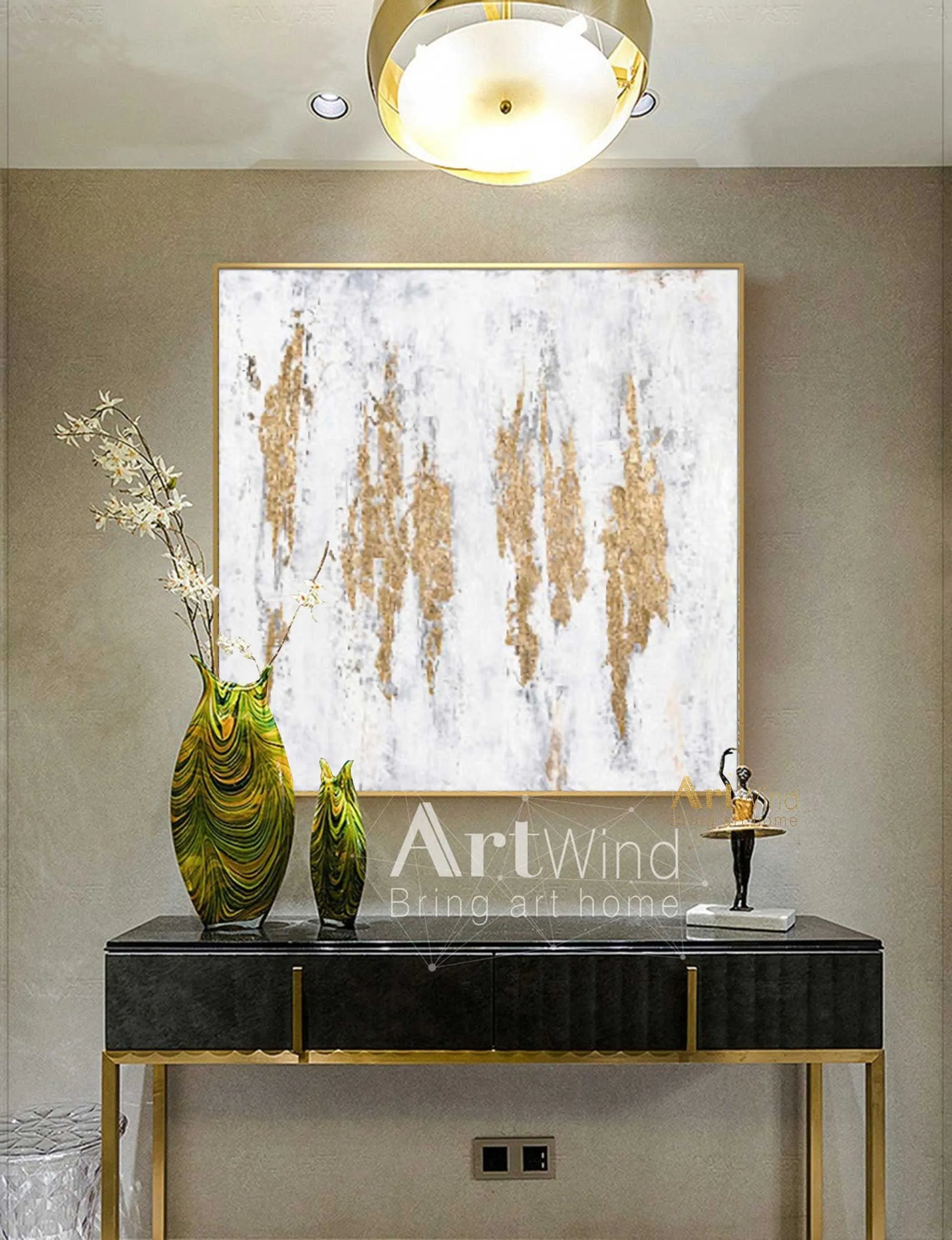 Gold Leaf Art Abstract Canvas Painting White And Gold Office Wall Art Dp049