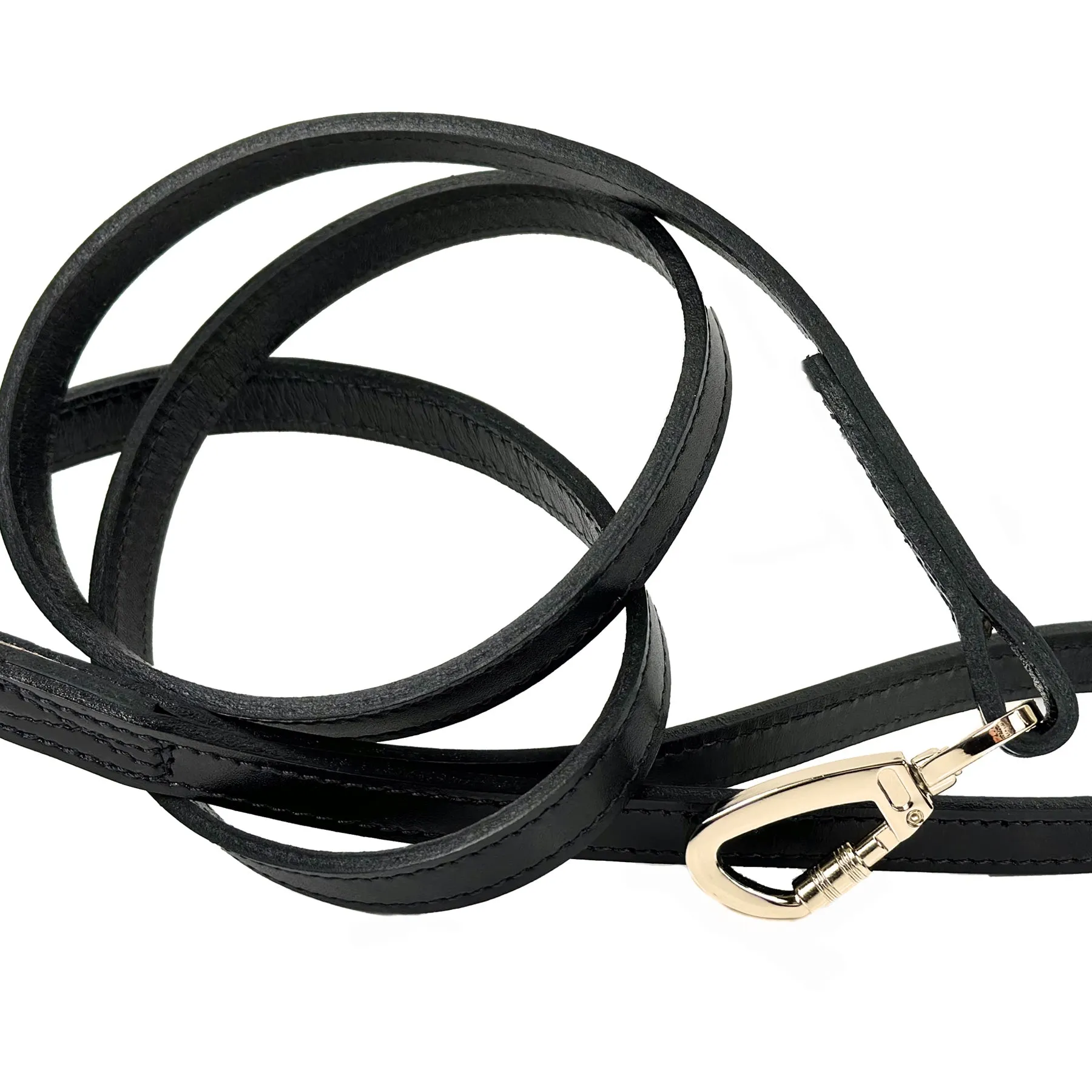 Italian Black Leather Dog Leash in Gold