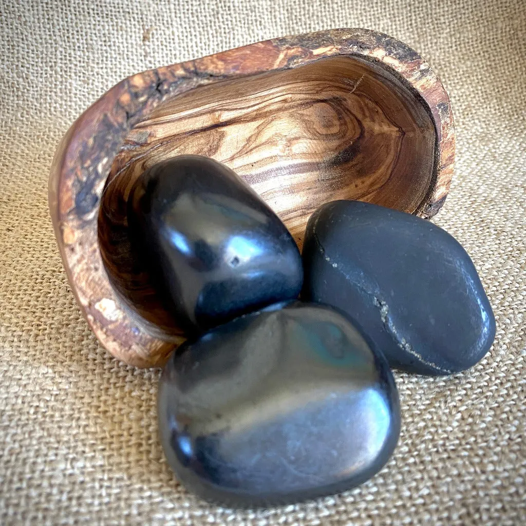 Jumbo Tumbled Shungite Stone Trio in Olive Wood Bowl