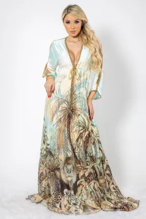 Jungle Print in Silk with Gold Crystals Long Dress