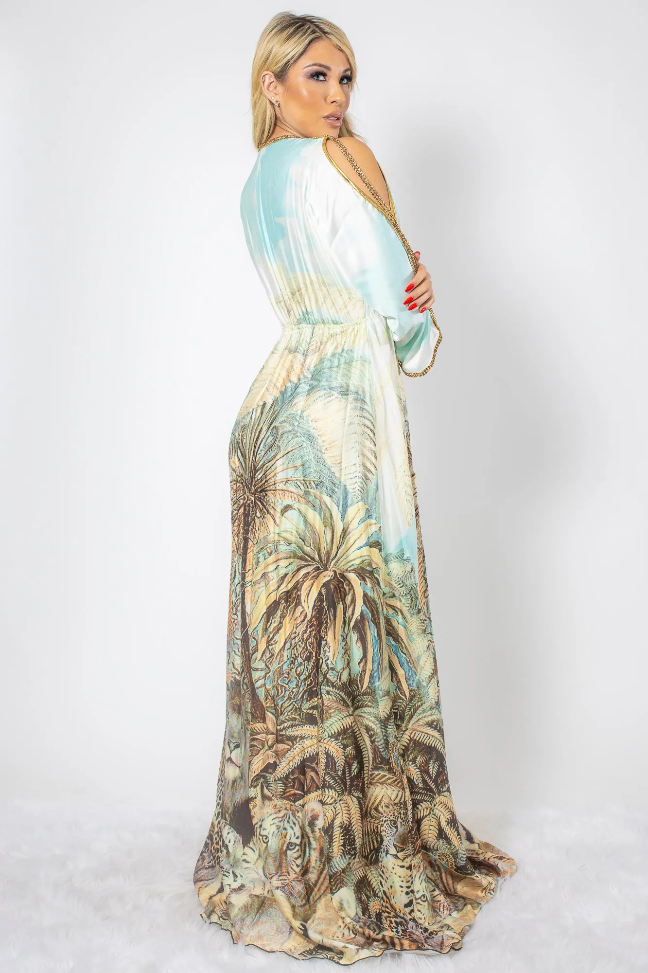 Jungle Print in Silk with Gold Crystals Long Dress